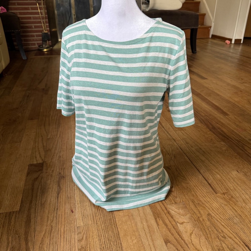Pendleton Womens Sage Green White Striped Cotton Boat Neck Tee Shirt Small
